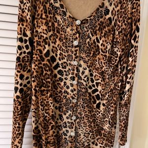 Boston proper embellished leopard long sleeved sweater with jeweled buttons.